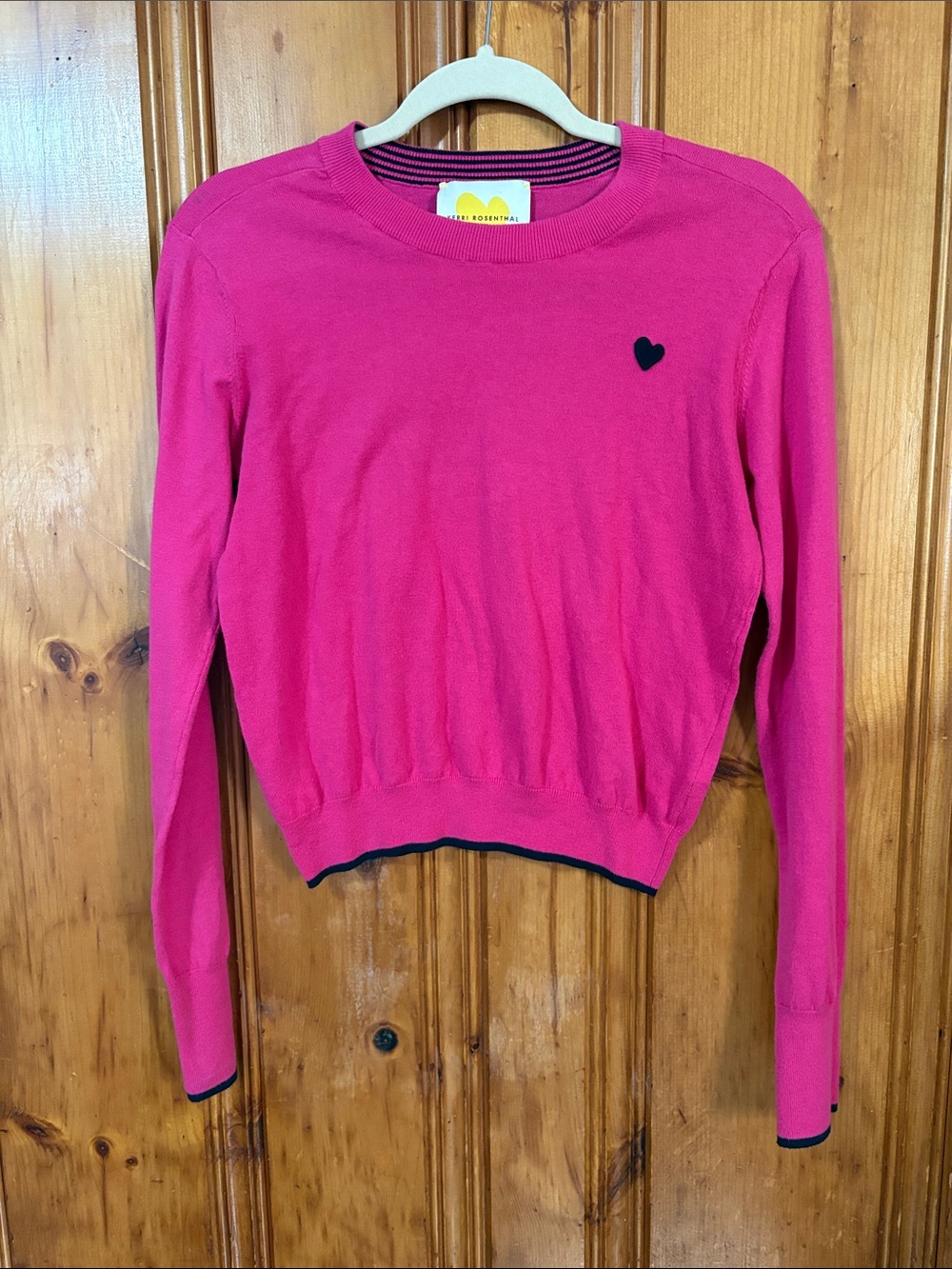 Kerri Rosenthal Bright Pink Crewneck Sweater with Heart Patch - Size XS